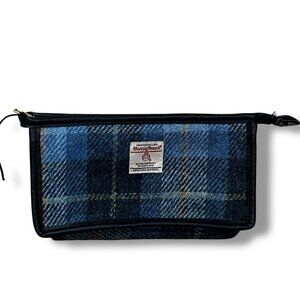 Vagabond Harris Tweed Zip Pouch Blue Plaid Tartan 100% Wool Made in England NEW